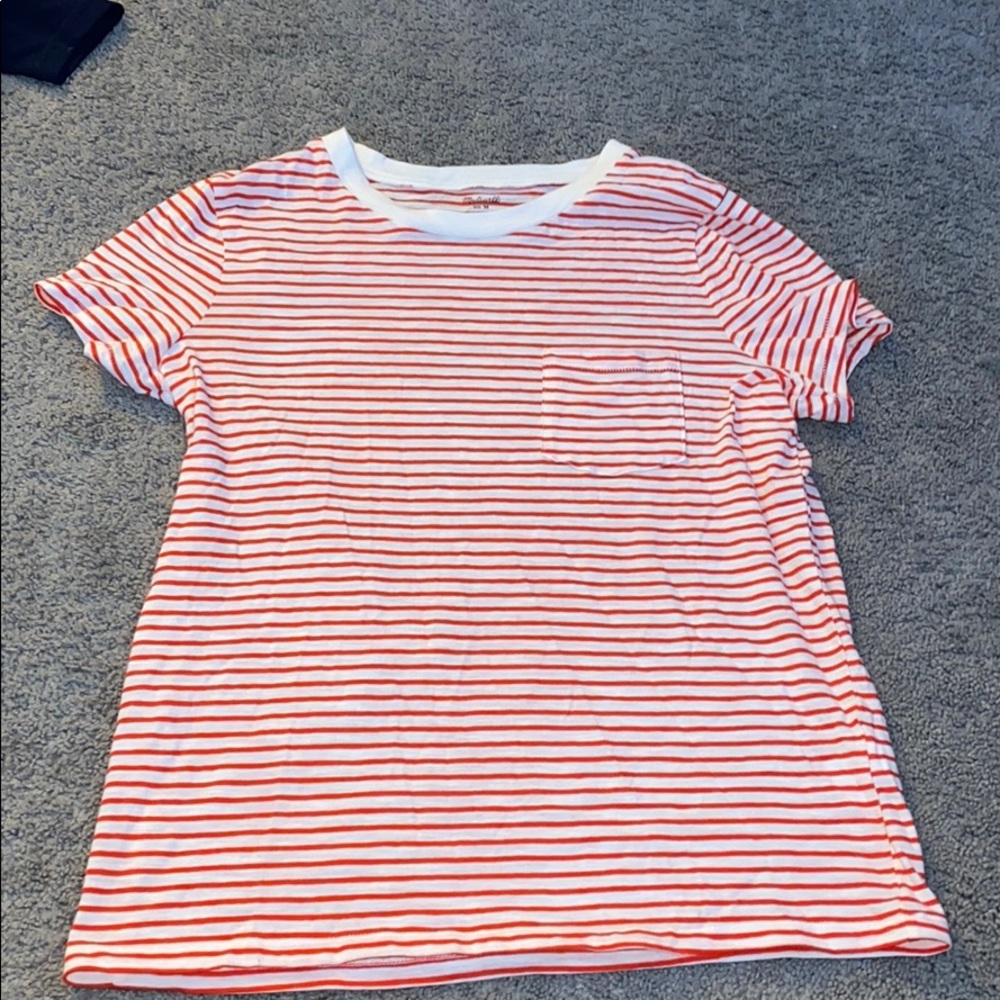 red and white stripped shirt with a front pocket